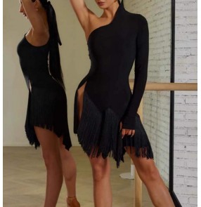 Women black fringe latin dance dresses slant neck one shoulder salsa rumba chacha performance costumes for female